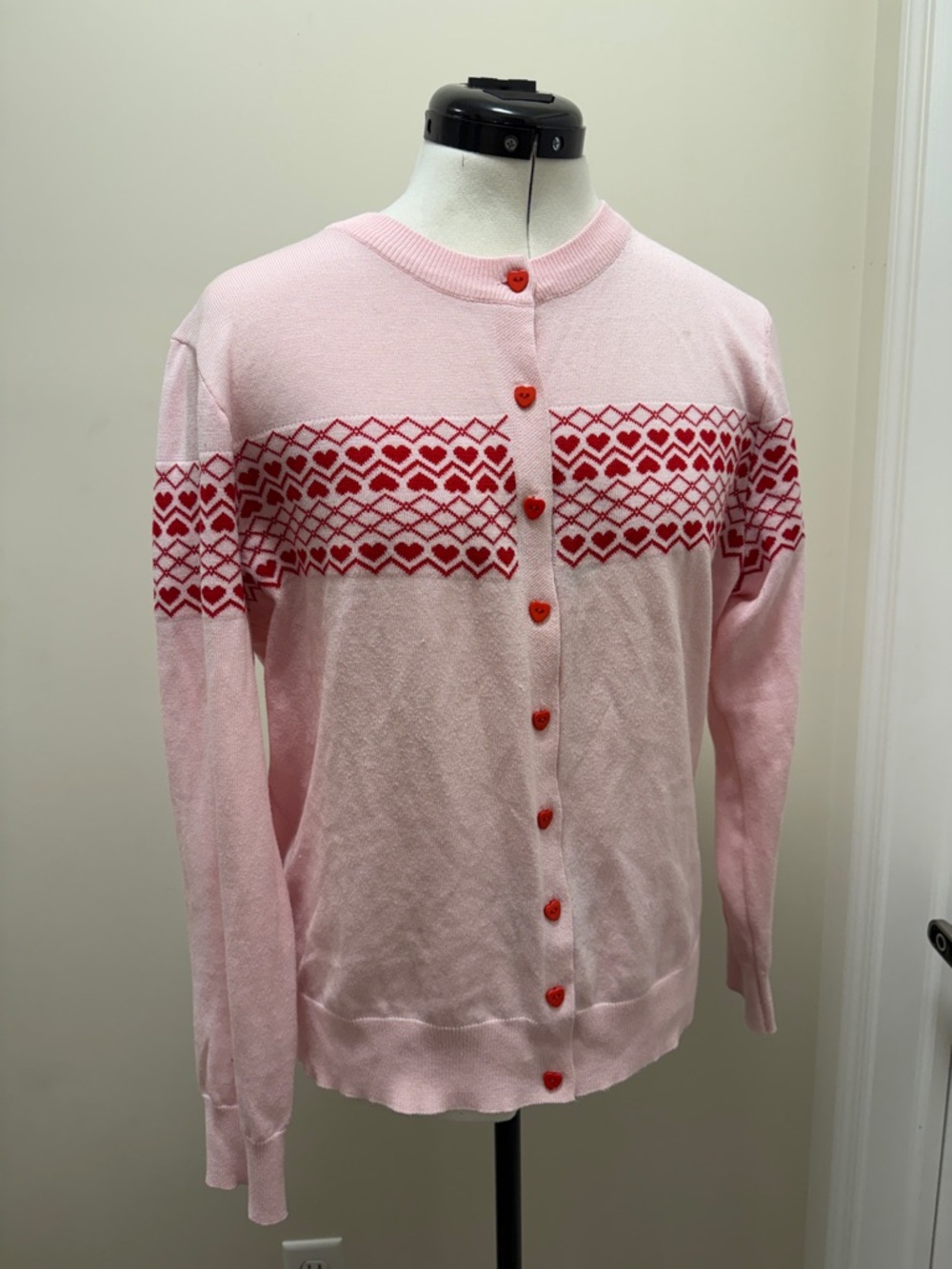 Grace Karin Pink and Red Heart Button-Front Cardigan